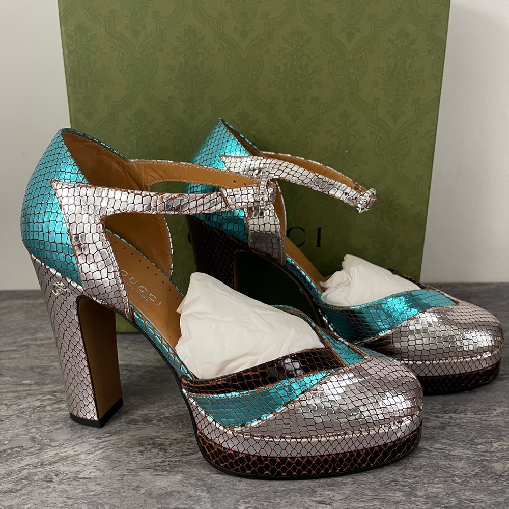 Brand New Gucci Multi 648695 Python Print Metallic Leather Platform Pumps 39.5